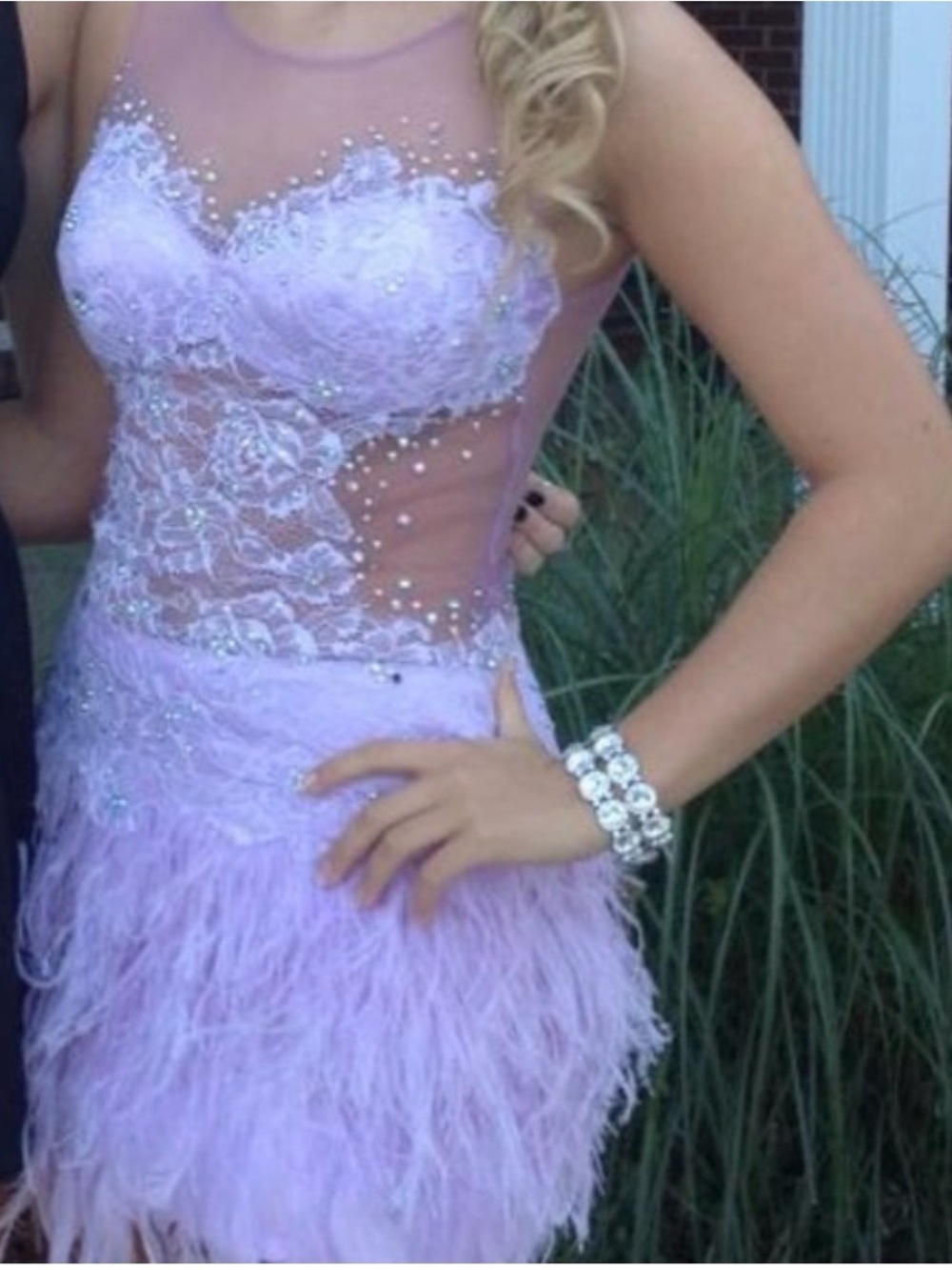 FLIRT Lavender Lace Mini formal Dress with Feather Skirt